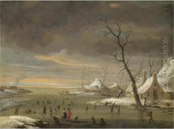 An Extensive Winter Landscape With Skaters On A Frozen River - view 1