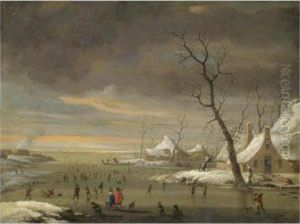An Extensive Winter Landscape With Skaters On A Frozen River by Jan Abrahamsz. Beerstraaten