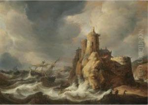 Shipping In A Storm Beneath A Clifftop Castle by Jan Abrahamsz. Beerstraaten
