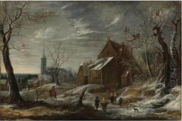 Winter Landscape With Figures And A Town In The Distance - view 1