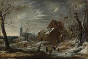 Winter Landscape With Figures And A Town In The Distance