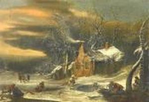 Winter Landscape With Farmers' Cottage And Abundantfigural Staffage