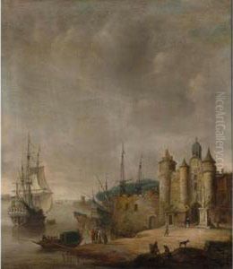 A Harbour Scene With A Man-of-war And Other Shipping, Figures Conversing On The Shore by Jan Abrahamsz. Beerstraaten