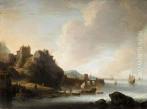 A Coastal Landscape With Figures Before A Fort, Shipping Off The Coast by Jan Abrahamsz. Beerstraaten