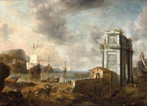A Capriccio Of A Mediterranean
Harbour With Elegant Figures And A Roman Triumphal Arch, A Dutch
Man-of-war Beyond by Jan Abrahamsz. Beerstraaten