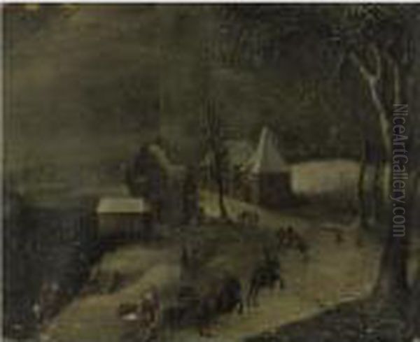 A Village In Winter With Townfolk And Riders In The Foreground - view 1