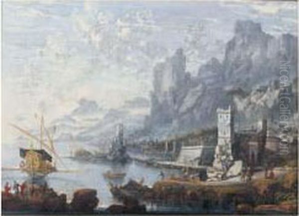 Cote Avec Pecheurs Et Vaisseau Sur Fond De Hautes Montagnes. - view 1