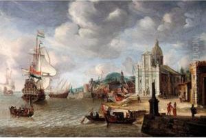 A Mediterranean Harbour Scene With A Dutch Man-o-war by Jan Abrahamsz. Beerstraaten