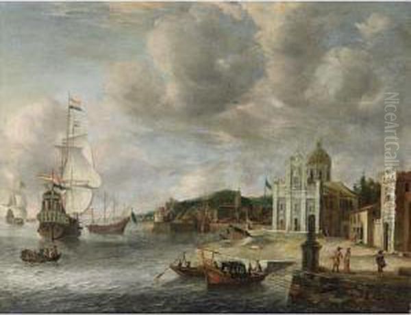 An Italianate Harbour Scene With
 Dutch Men-o'-war Moored, Yaughts And Rowing Boats Near The Quay, 
Figures Walking On A Square Near A Church - view 1