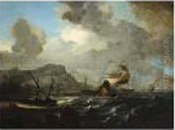 A View Of A Bay With Dutch East
Indiamen And Other Sailing Vessels On A Stormy Sea, Fishing Boats
Moored On The Beach - view 1