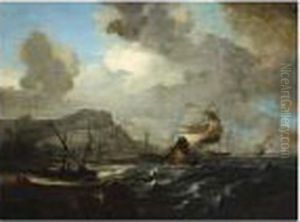 A View Of A Bay With Dutch East
Indiamen And Other Sailing Vessels On A Stormy Sea, Fishing Boats
Moored On The Beach by Jan Abrahamsz. Beerstraaten