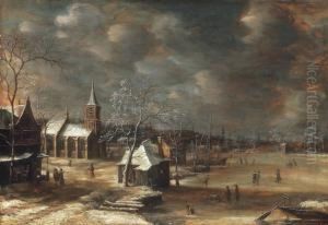 Winter Landscape With Country Church And Frozen Canal