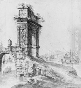A Bridge With A Classical Arch By A Mediterranean Harbour With Shipping Beyond by Jan Abrahamsz. Beerstraaten