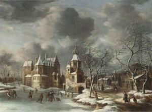 A Village In Winter With Figures Skating On A Frozen River