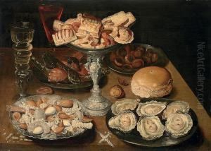 A Silver Tazza Of Sweetmeats, 
Pewter Platters Of Oysters, Almonds, Figs And Two Roemers Of Wine On A 
Table