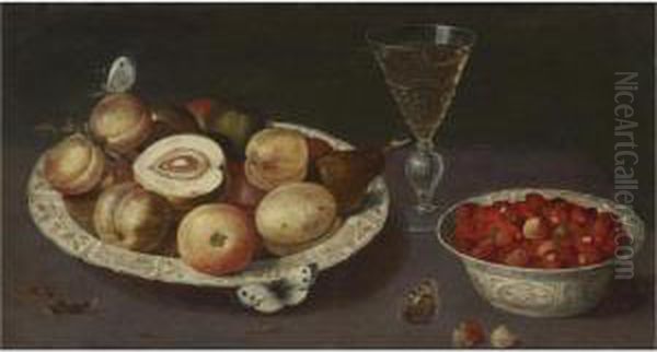 Still Life Of Peaches, Pears And
Strawberries In Blue And White Porcelain Bowls With A Glass Of Wine And
Butterflies - view 1