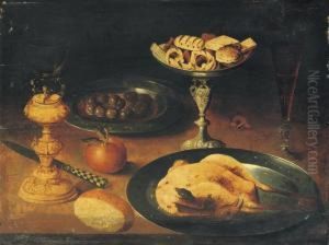 A Roasted Chicken, A 'facon De
Venise' Glass Of Red Wine,sweetmeats On A Silver 'tazza', Olives On A
Pewter Plate, And A'roemer' On A Stand, All On A Ledge by Osias, the Elder Beert