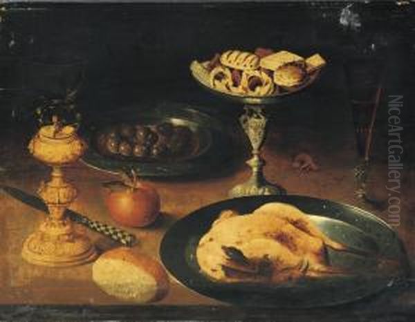 A Roasted Chicken, A 'facon De
Venise' Of Red Wine, Sweetmeats On Asilver 'tazza', Olives On A Pewter
Plate, And A 'roemer' On Astand, All On A Ledge - view 1