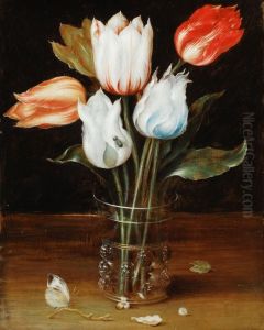 Blumenstillleben Mit Funf Tulpen In Einem Grenoppten Glasbecher Mit Schmetterling by Osias, the Elder Beert