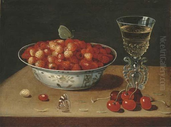 Fraises Dans Un Plat, Cerises Et Verre De Vin Sur Un Entablement - view 1