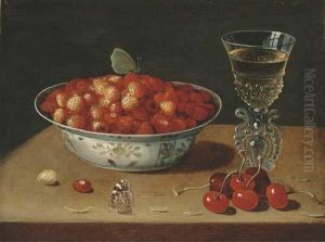 Fraises Dans Un Plat, Cerises Et Verre De Vin Sur Un Entablement by Osias, the Elder Beert