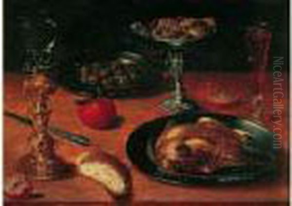 Nature Morte Aux Verre Monte,
Volaille, Plats D'olives Et De Confiseries Sur Un Entablement - view 1