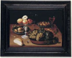 Grapes In A Dish, Apples In A
Silver Tazza, Hazelnuts And Medlars On Pewter Plates, Glasses And A
Bread Roll On A Wooden Table by Osias, the Elder Beert