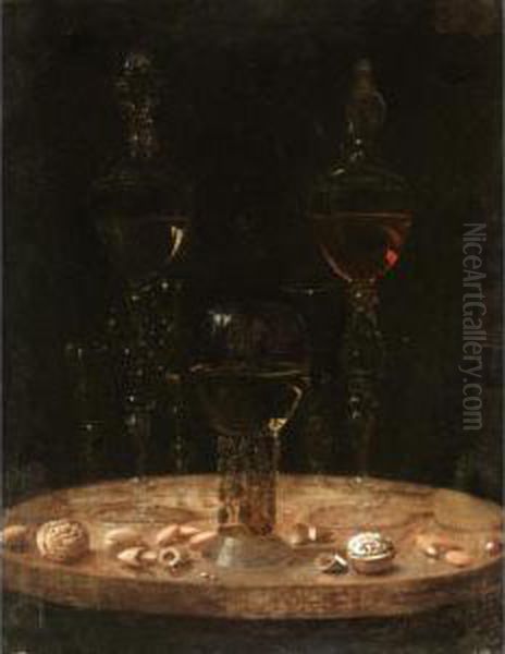 Still Life Of A Roemer With Five Wine Glasses Upon A Table Top - view 1