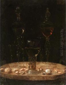 Still Life Of A Roemer With Five Wine Glasses Upon A Table Top by Osias, the Elder Beert