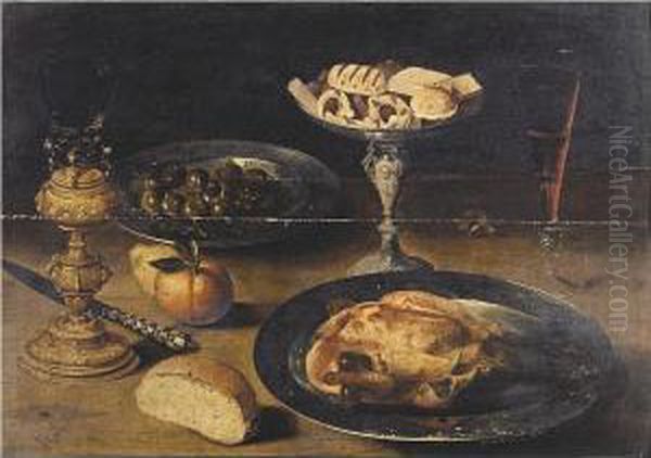 Still Life With A Roast Chicken
On A Pewter Plate, Sweetmeats On A Tazza, A Roemer On A Gilt Stand, A
Glass Of Wine, Olives In A Pewter Dish, A Knife, A Bread Roll And Fruit,
All On A Table - view 1