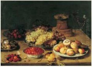 Nature Morte Aux Plats De Fruits Et Verres De Vin Sur Un Entablement by Osias, the Elder Beert