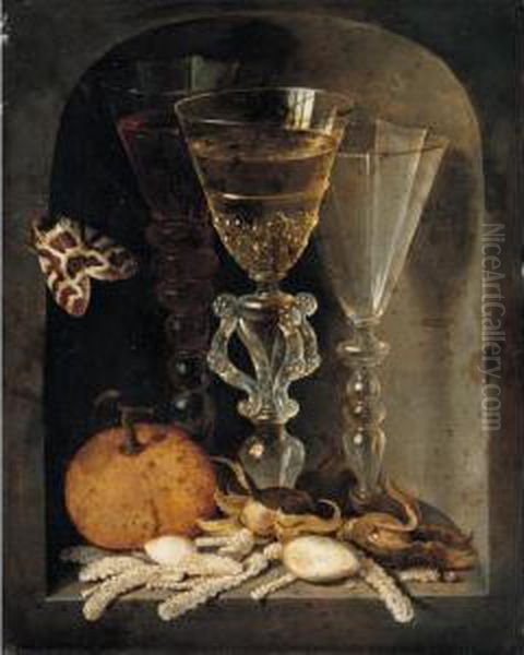 A Still Life Of Three Wine
Glasses, An Orange, Sweetmeats, Hazelnuts And A Moth In A Stone Niche - view 1