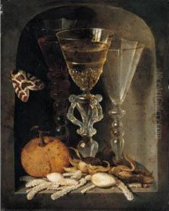 A Still Life Of Three Wine
Glasses, An Orange, Sweetmeats, Hazelnuts And A Moth In A Stone Niche by Osias, the Elder Beert