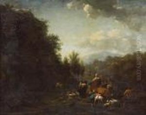 An Extensive Landscape With
Drovers And Otherfigures With Sheep, Cattle And Goats By A Stream by Abraham Jansz Begeyn