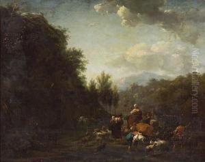An Extensive Landscape With 
Drovers And Other Figures With Sheep, Cattle And Goats By A Stream