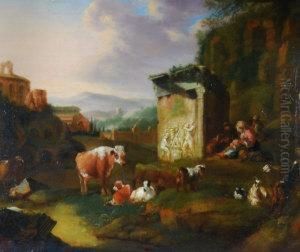 Peasants With Cattle, Sheep And Goats Amongst Ruins In An Italianate Mountain Landscape by Abraham Jansz Begeyn