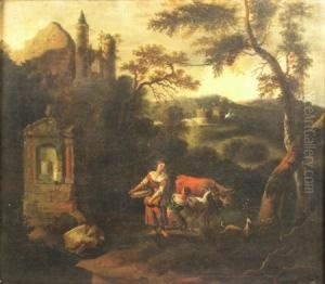 Milkmaidswith A Goat And A Cow By A Fountain And Castle Ruins