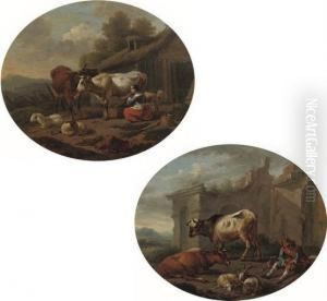 A Peasant Woman Milking A Cow; And A Herdsman With His Cattle by Abraham Jansz Begeyn