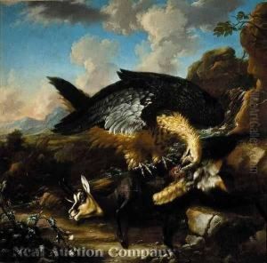 A Monumental Mountain Landscape With An Eagle Attacking A Chamois