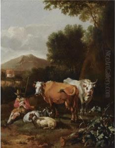 An Italianate Landscape With A Herdsman And His Cattle Resting Neara Tree by Abraham Jansz Begeyn