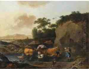 An Italianate Landscape With A
Shepherd's Family Crossing A Streamwith Their Herd, A Dog In The
Foreground by Abraham Jansz Begeyn