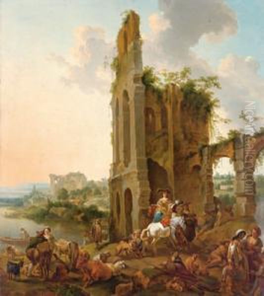 Paesaggio Meridionale Con Eleganti Cavalieri In Sosta - view 1