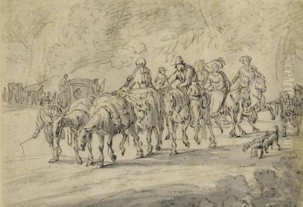 Un Convoi Sur Un Chemin Avec Des Chevaux Et Des Caleches - view 1