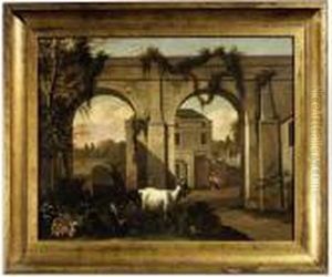 Jansz . Two Goats In Front Of An Aqueduct by Abraham Jansz Begeyn