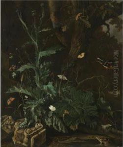 A Forest Floor With A Thistle,
The Ruin Of An Ionic Column, Butterflies, A Toad, And A Songbird by Abraham Jansz Begeyn