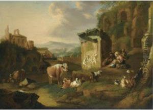 An Italianate Landscape With Cattle And Peasants Beside Roman Ruins by Abraham Jansz Begeyn