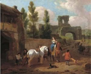 An Elegant Riding Party At A Blacksmith Outside The Walls Of A Town