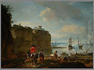 Kustenlandschaft Mit Reitern Und Segelschiffen