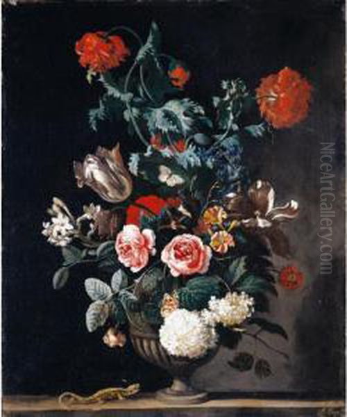 Still Life Of Flowers, Including
Roses, Tulips And Chrysanthemums, In A Stone Vase With Butterflies And A
Lizard - view 1