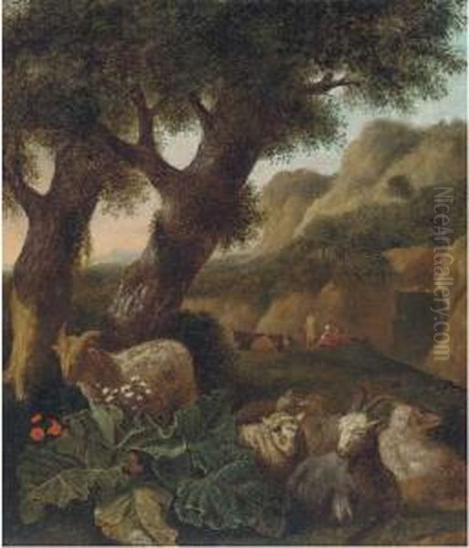 A Wooded Landscape With Sheep And Figures Resting - view 1